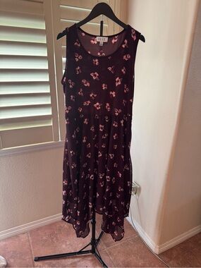 ELLE Burgundy Floral Sleeveless Midi Dress with Pink Blossoms